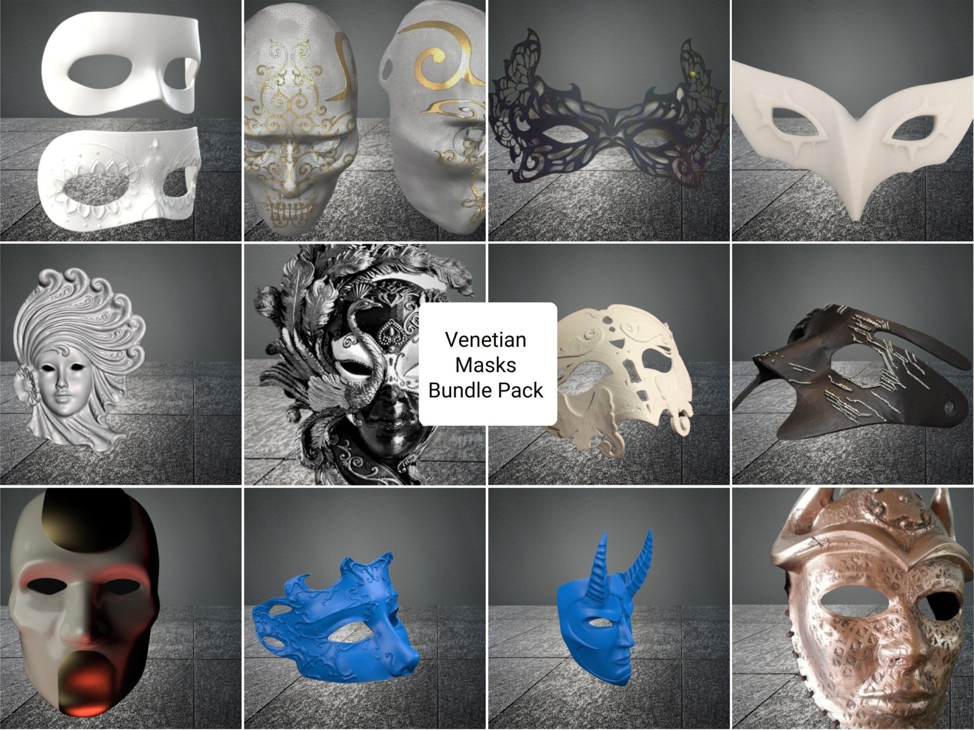 18 Pcs Venetian Masks Bundle - 3D Printing STL Files | Masquerade mask stlRevoxa 3D Design Lab